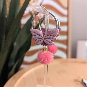 Butterfly Pom Pom Silver Hoop Earrings